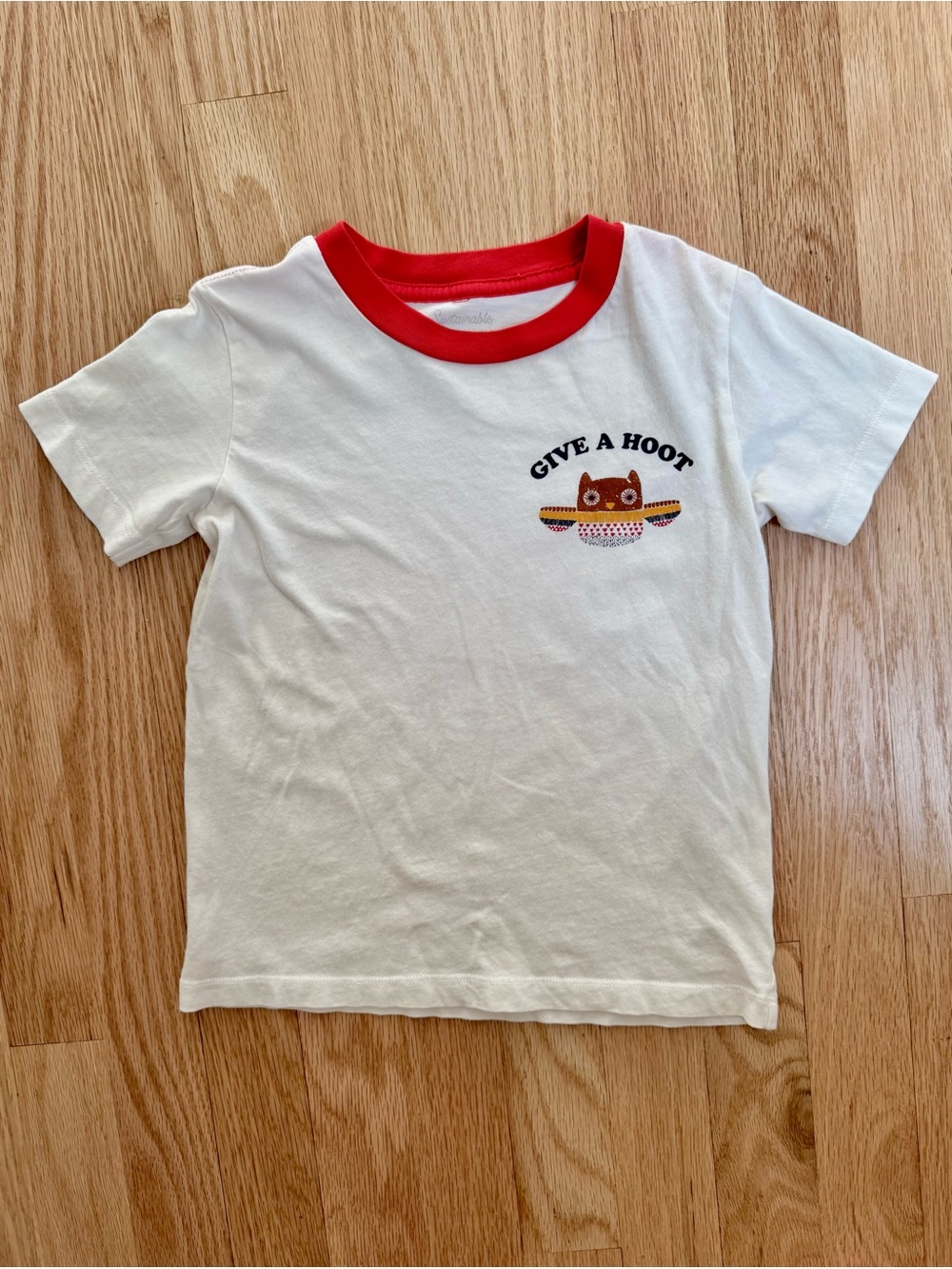 🦉 Pact Kids Give a Hoot White Ringer Tee EUC • Sz. 6/7